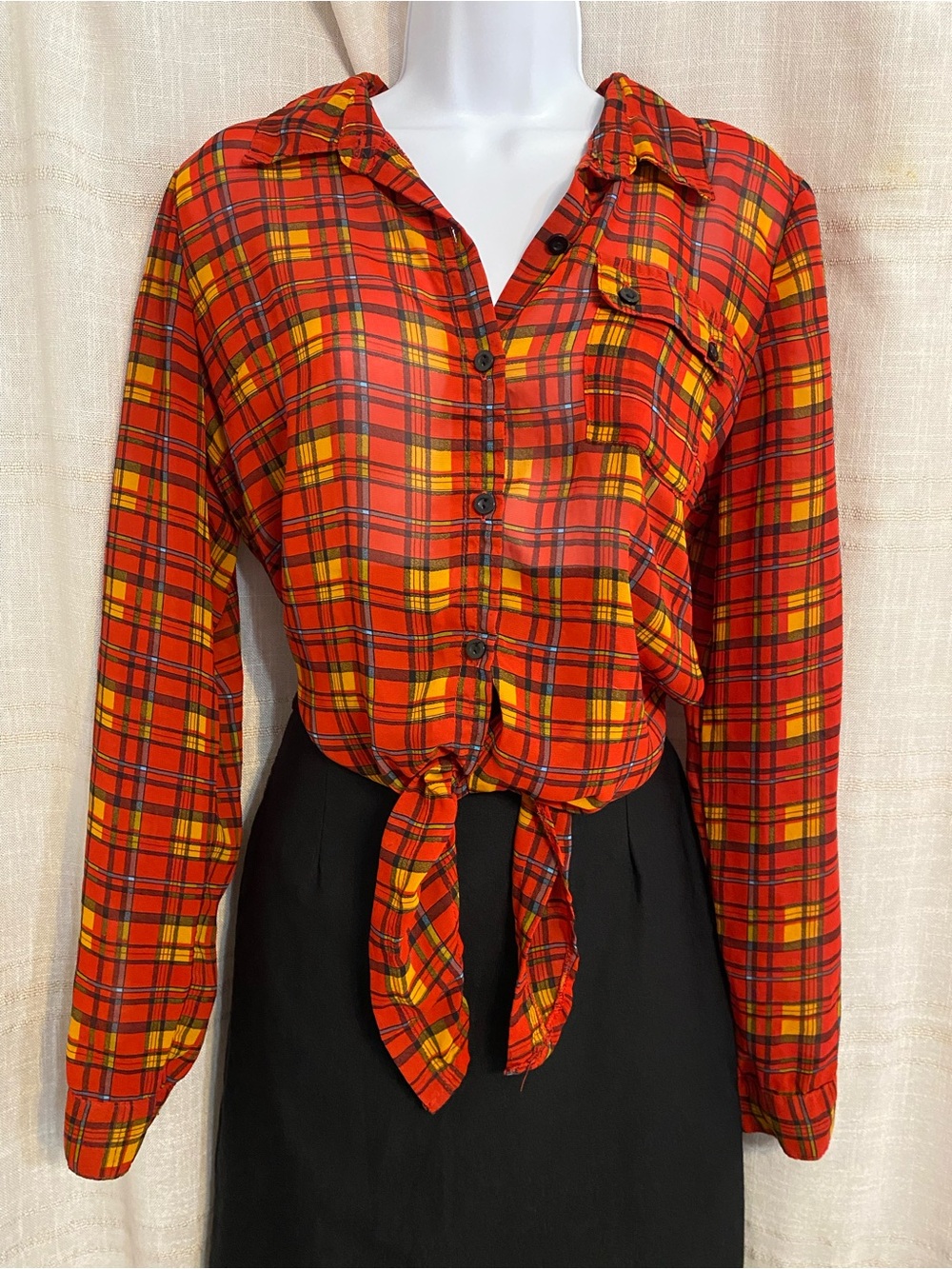 Y2K Body Central Red Plaid Sheer Tie Front Button Up Top Blouse Large L